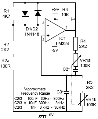 Diode Stabilised VariableFrequency Wien Bridge Oscillator wien-cct-diodes.gif