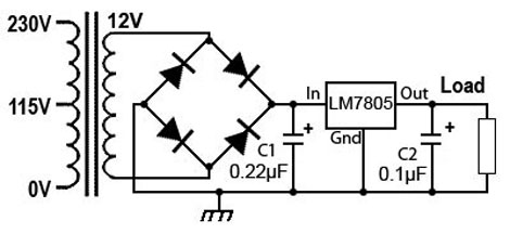 Basic PSU circuit using a 7805 linear regulator I.C. 7805-regulator-cct.jpg