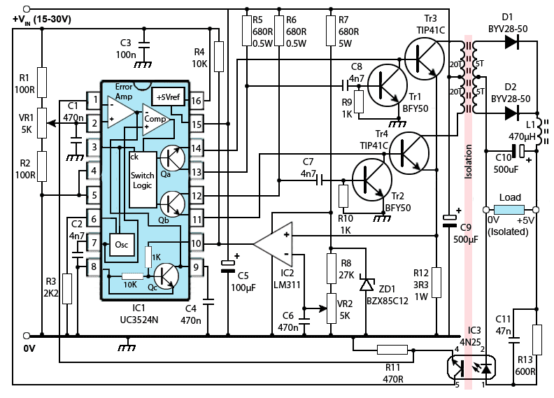 Circuit diagram of a push-pull SMPS using the UC3524 I.C. smps-push-pull-cct-02.gif