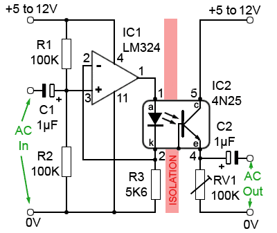 4N25 Optocoupler used as an audio isolator opto-AC-basic.gif