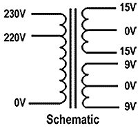 Schematic diagram of a a power transformer with tapped windings. Power-txfmr-shematic.gif